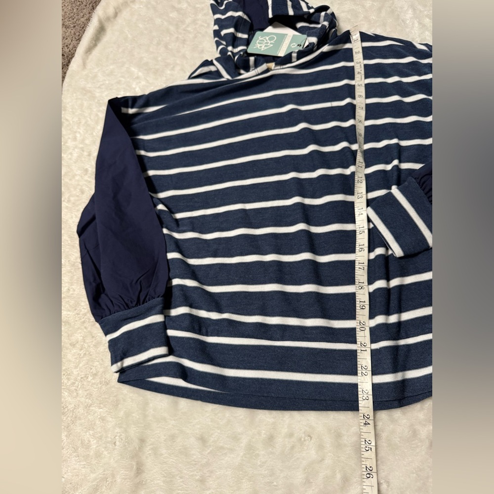 NWT- CHASER Navy Blue & White Nautical Striped Pullover Contrast Fabric Hoodie - Picture 11 of 12